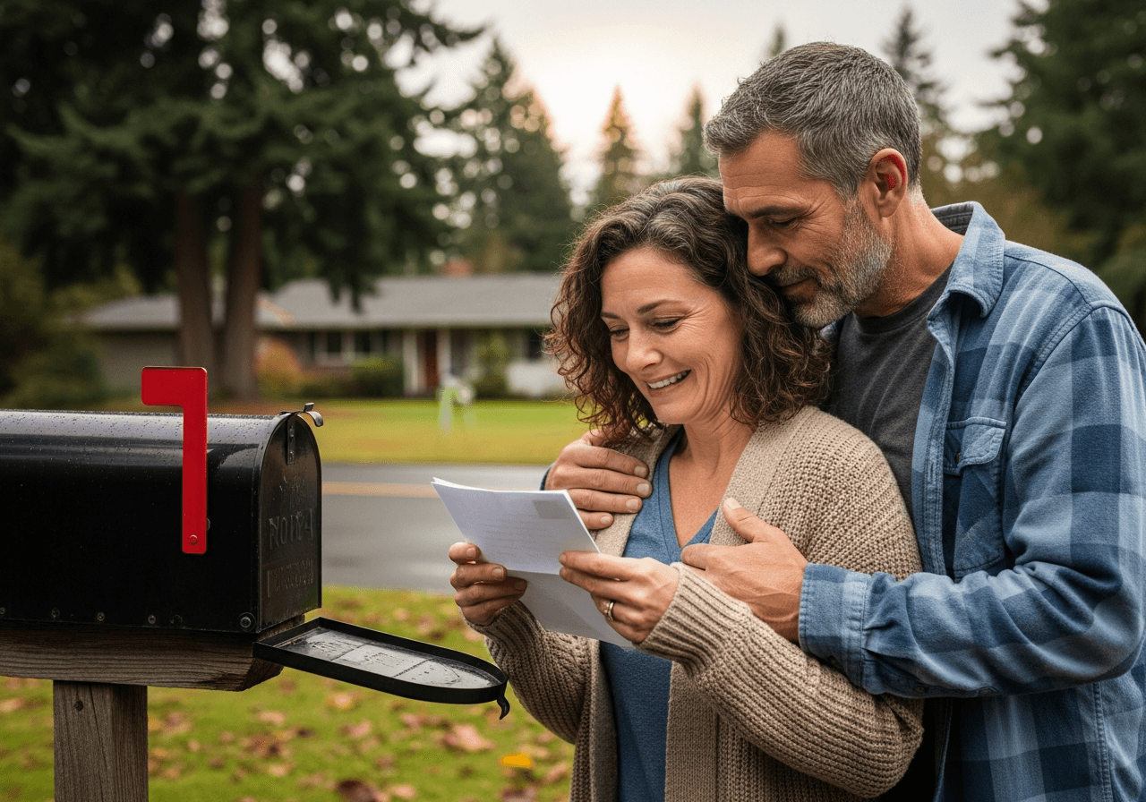 A grateful couple reading good news at their mailbox after their case resolved
