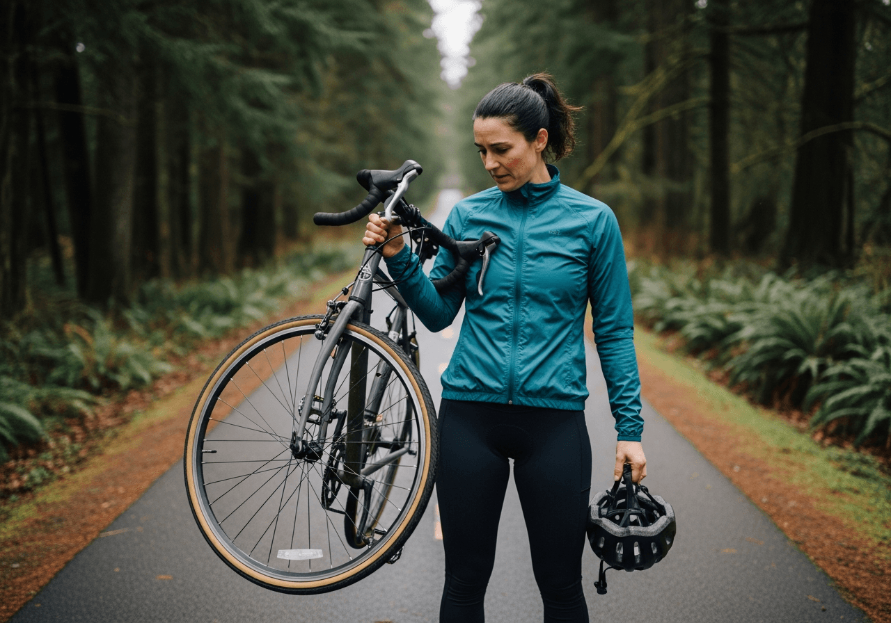 A cyclist with a damaged bicycle on an Oregon greenway after a crash