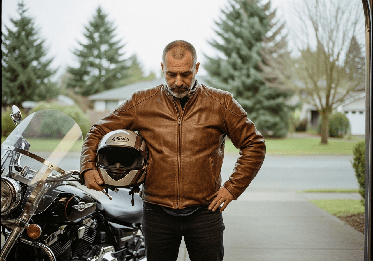 A rider beside his motorcycle in the driveway after a crash in Oregon