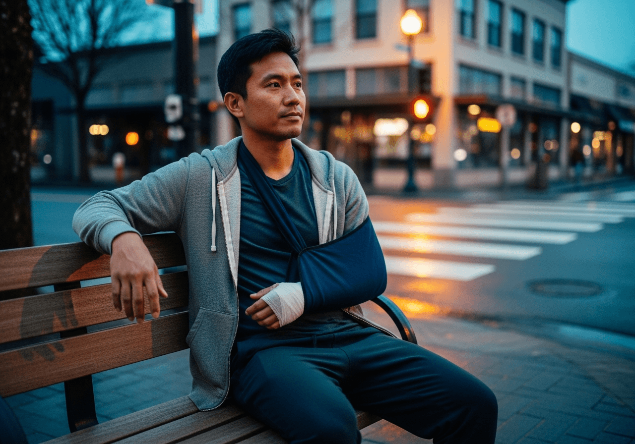A man with his arm in a sling near a crosswalk after a pedestrian collision
