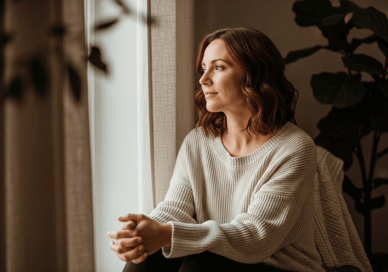 A survivor sitting quietly by a window, a portrait of resilience and privacy