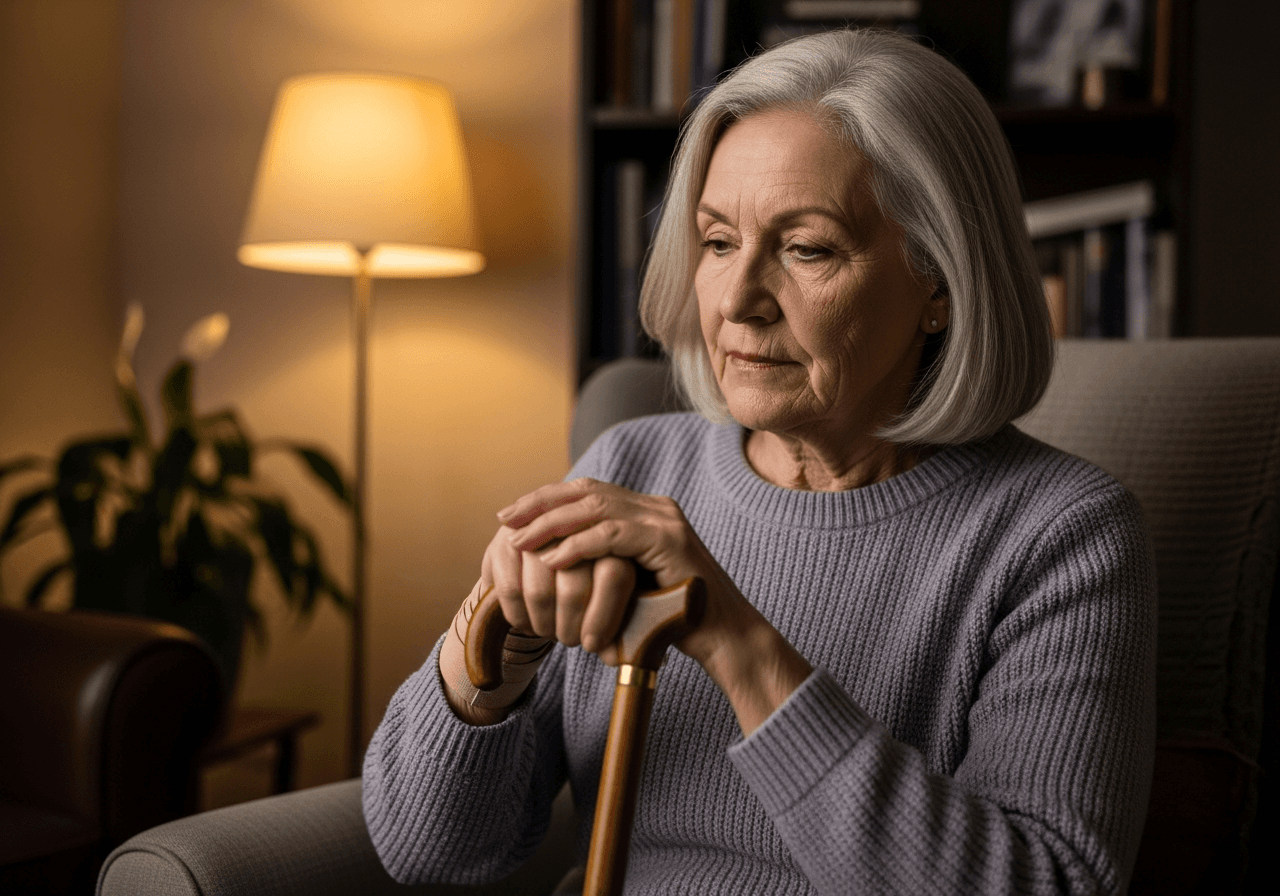 An older woman recovering at home with a cane after a fall
