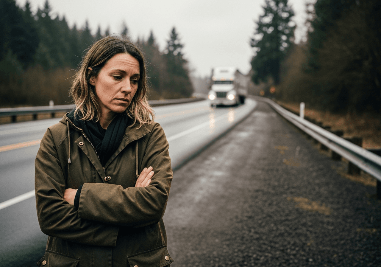 A woman on the shoulder of an Oregon highway after a commercial truck crash