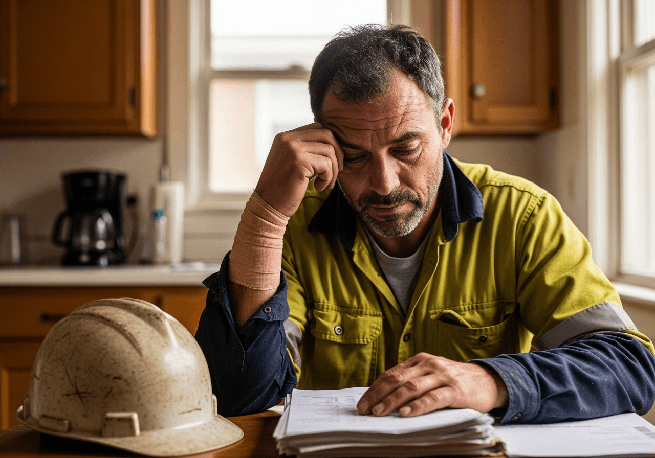 An injured worker reviewing a claim at home, his hard hat on the table