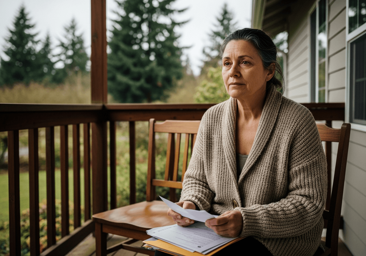 A woman holding documents on her porch after the loss of a family member